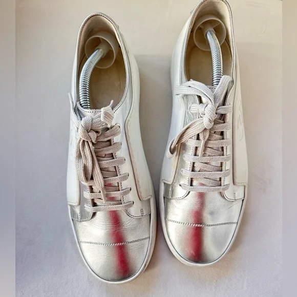 Authentic Chanel CC Sneakers White And Metallic Grey Shoes EuSize 42 US 9